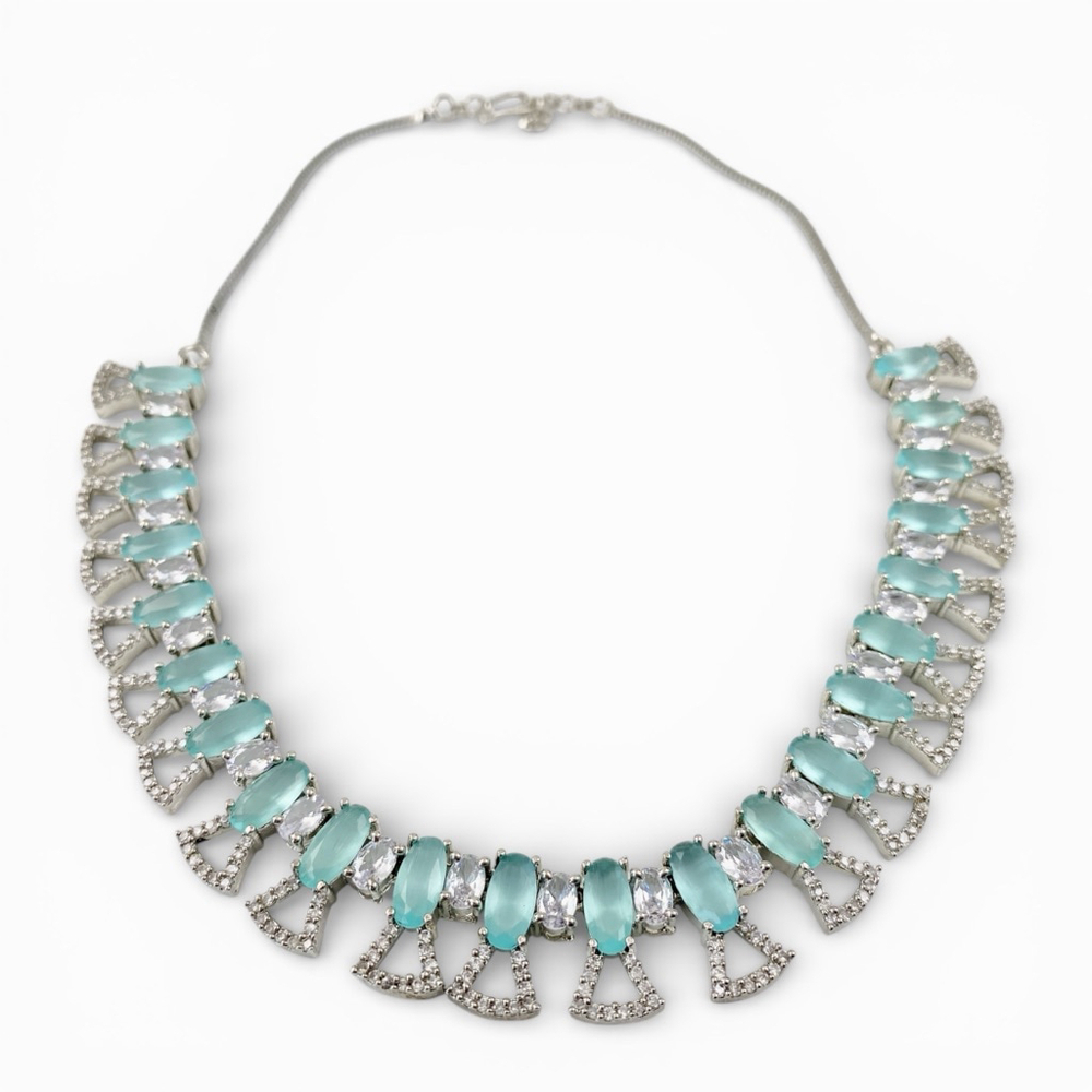 Glamorous Aquamarine Gemstone Cubic Zirconia Necklace, Sterling Silver Plated